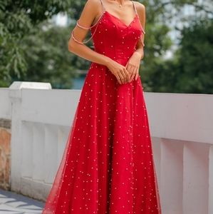 Red and Pink v-neck backless with back zipper closure long dresses